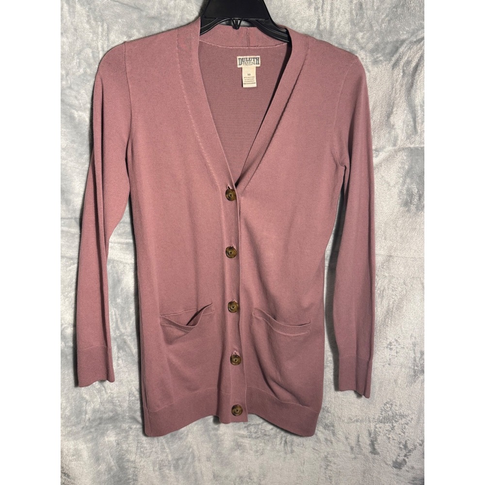 Duluth Trading Co Cardigan Sweater XS Pink Cotton Blend Button Front Pockets